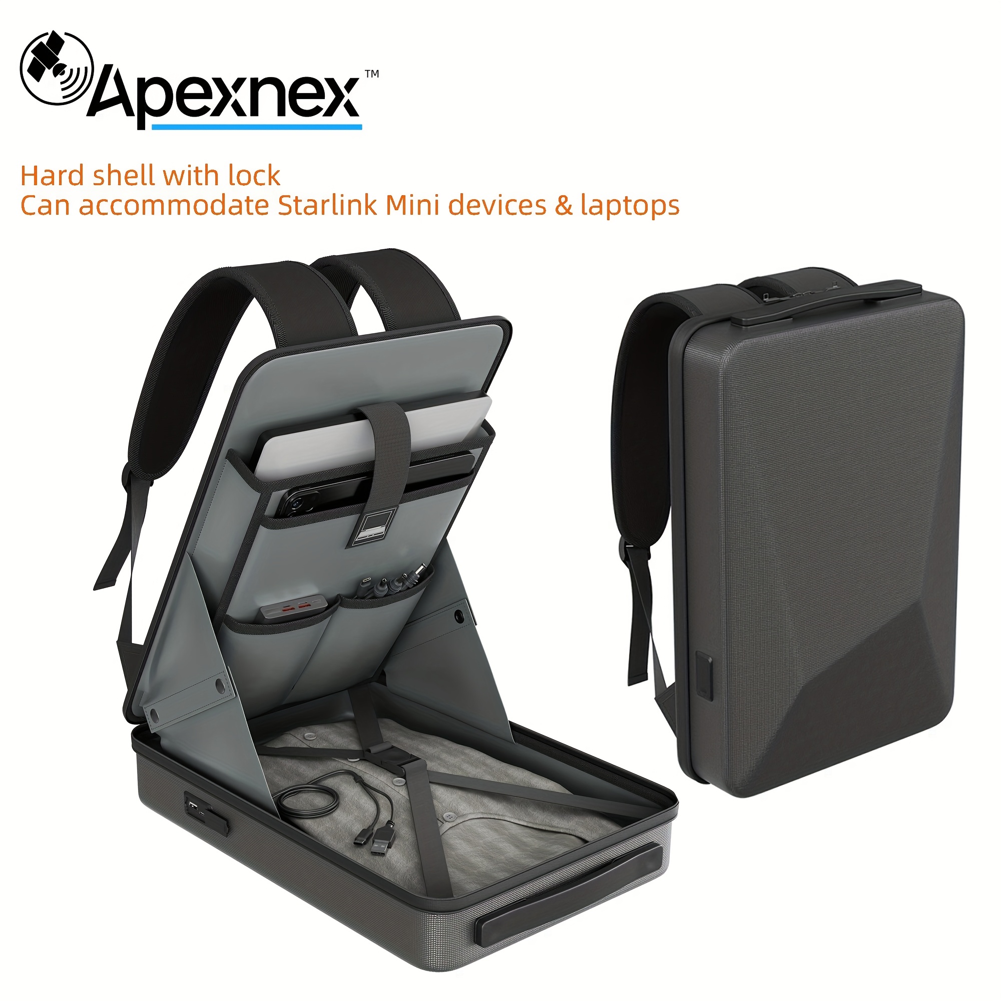 Apexnex Starlink Mini Sac à Dos de Voyage - Sac à Dos Coque Rigide avec Serrure TSA, Design -Vol, Compartiment Rembourré pour Ordinateur Portable et Rangement d'Accessoires pour Aventures en Plein Air, Gris, Sac à Dos Équipement Extérieur | Sac de Rangement Organisateur | Compartiment Rembourré