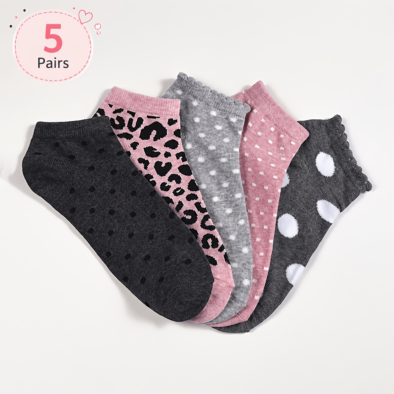 TEMU New 5/10-pair Spring/summer Leopard Print And Polka Dot Women's Ankle Socks, Soft, Comfortable, Breathable, Casual, Versatile, Thin, Low-cut