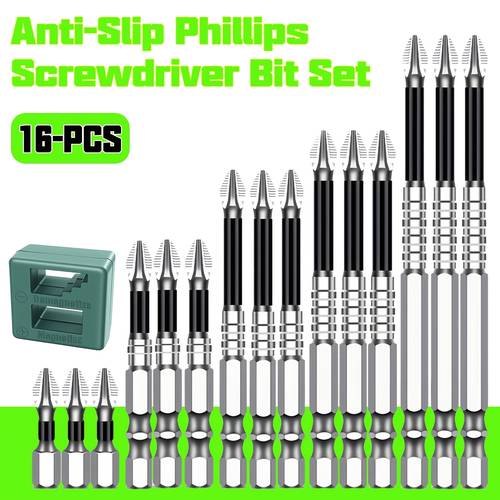16pcs anti slip bit set magnetic bit set anti slip bit set screwdriver bits super hard hex shank cross shaped magnetic magnetic tip screwdriver 15pcs screwdrivers l 1pc