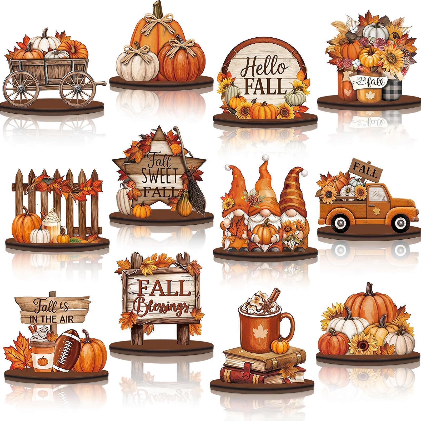 TEMU 12pcs Plateaux d'automne multicouche pour décoration, panneaux de table en bois, mini citrouille, feuille d'érable, centres de table ,