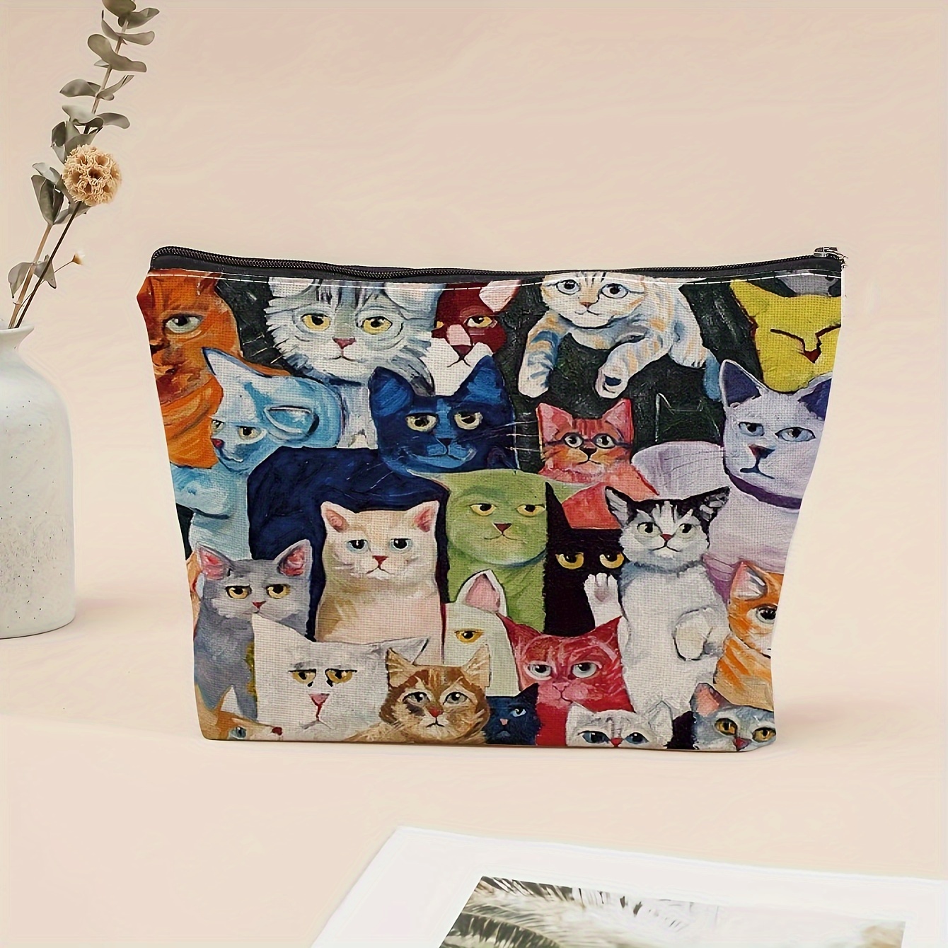 

Toiletry Bag With Comic Cat Pattern & Zipper For Girls, Stain Resistant, Portable, Foldable Wash Bag For Vacation & Travel & Outdoor