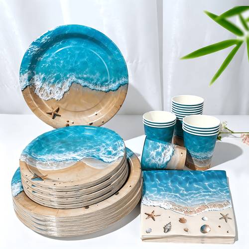 80pcs set featuring a beach theme with ocean waves and shells including disposable party tableware paper plates cups and napkins tropical vacations and beautiful natural decorations suitable for graduation season