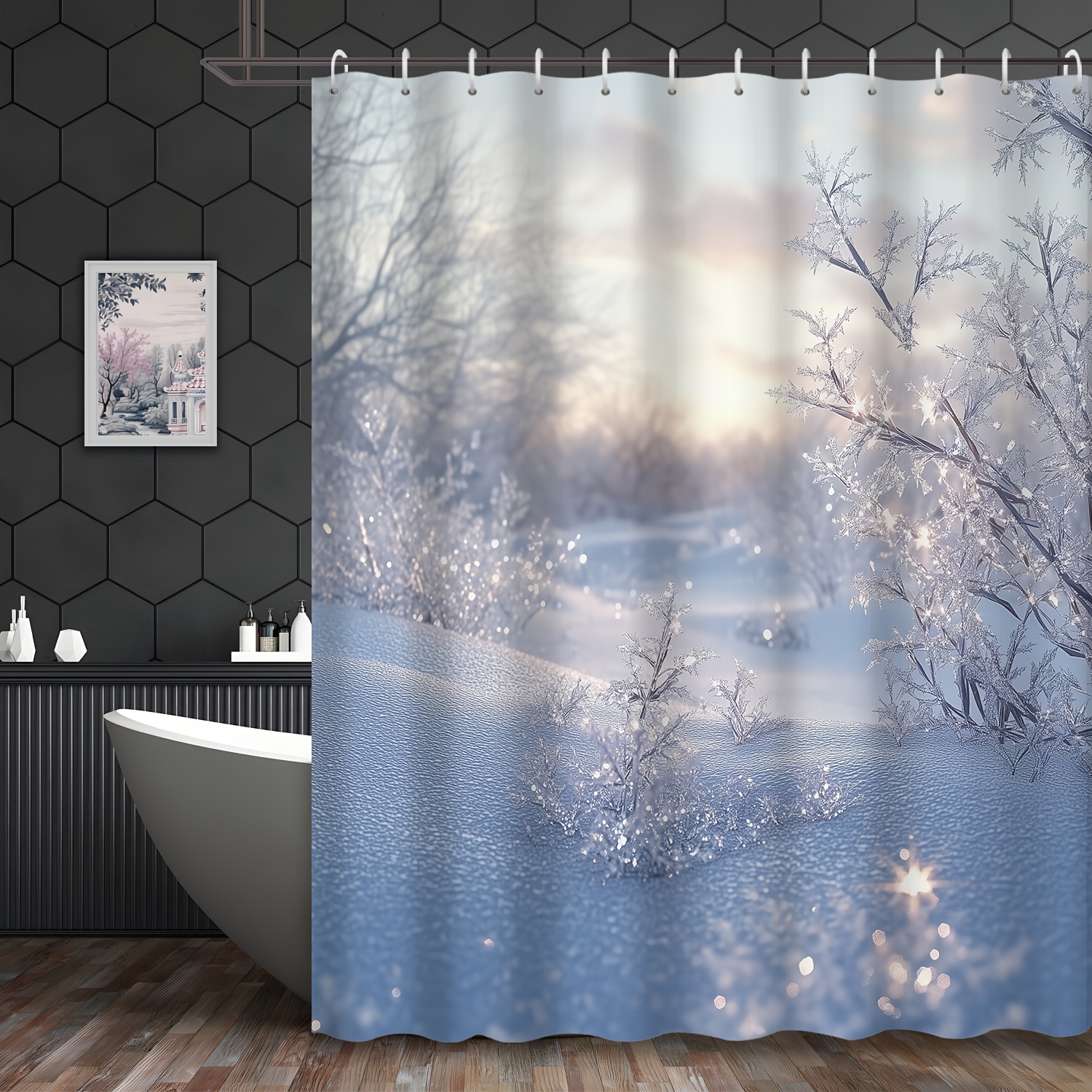 

1pc Winter Decoration Winter Wonderland White Beautiful Snow Scene Bathroom Curtain, With 12 Hooks Waterproof Curtain, Bathroom Decoration, Bathroom Accessories