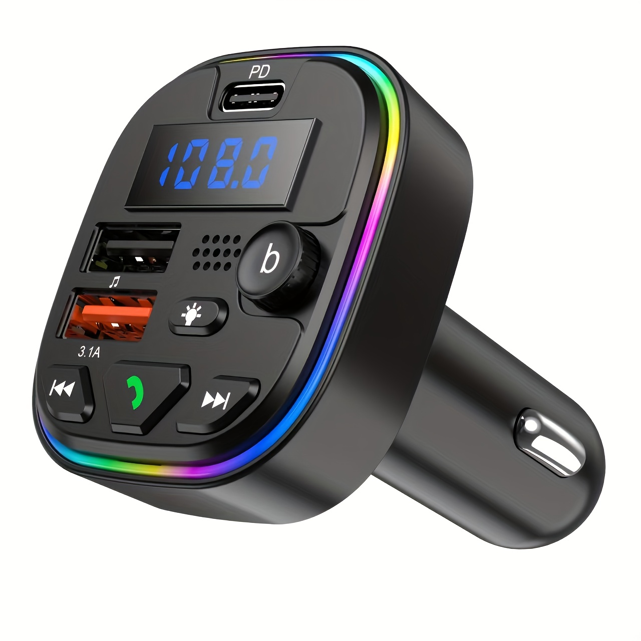Автомобилен Bluetooth FM предавател с функция за отговаряне на обаждания. Може да зарежда мобилни телефони, таблети и други електронни устройства