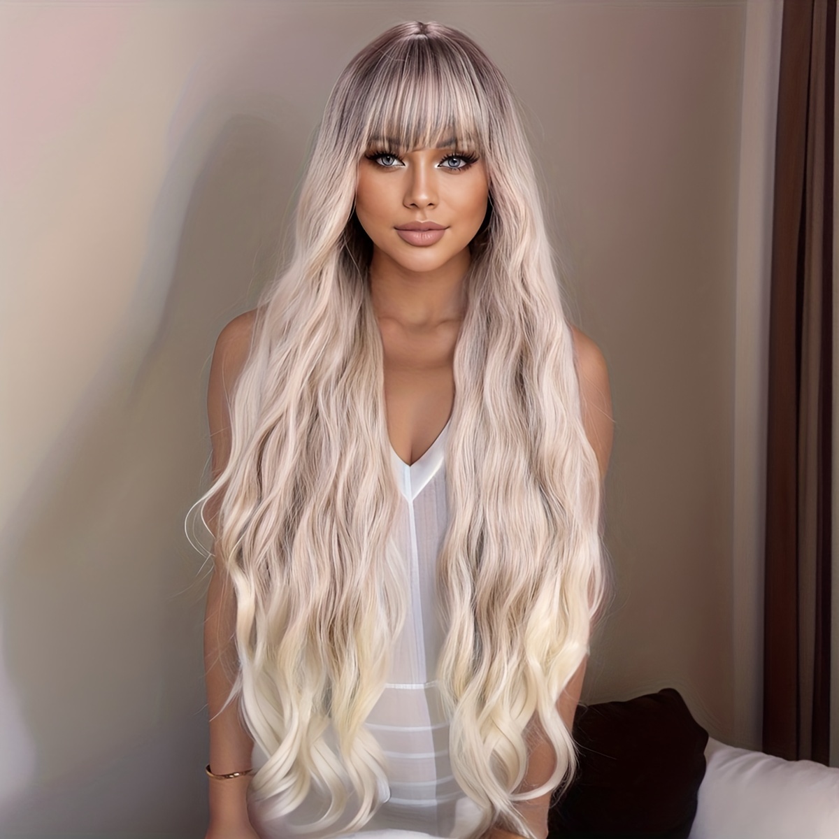 

1pc Blonde Wig With Bangs Long Wavy Curly Ombre Wig With Dark Root Synthetic Heat Resistant Wigs For Women Daily Party Use 28 Inches
