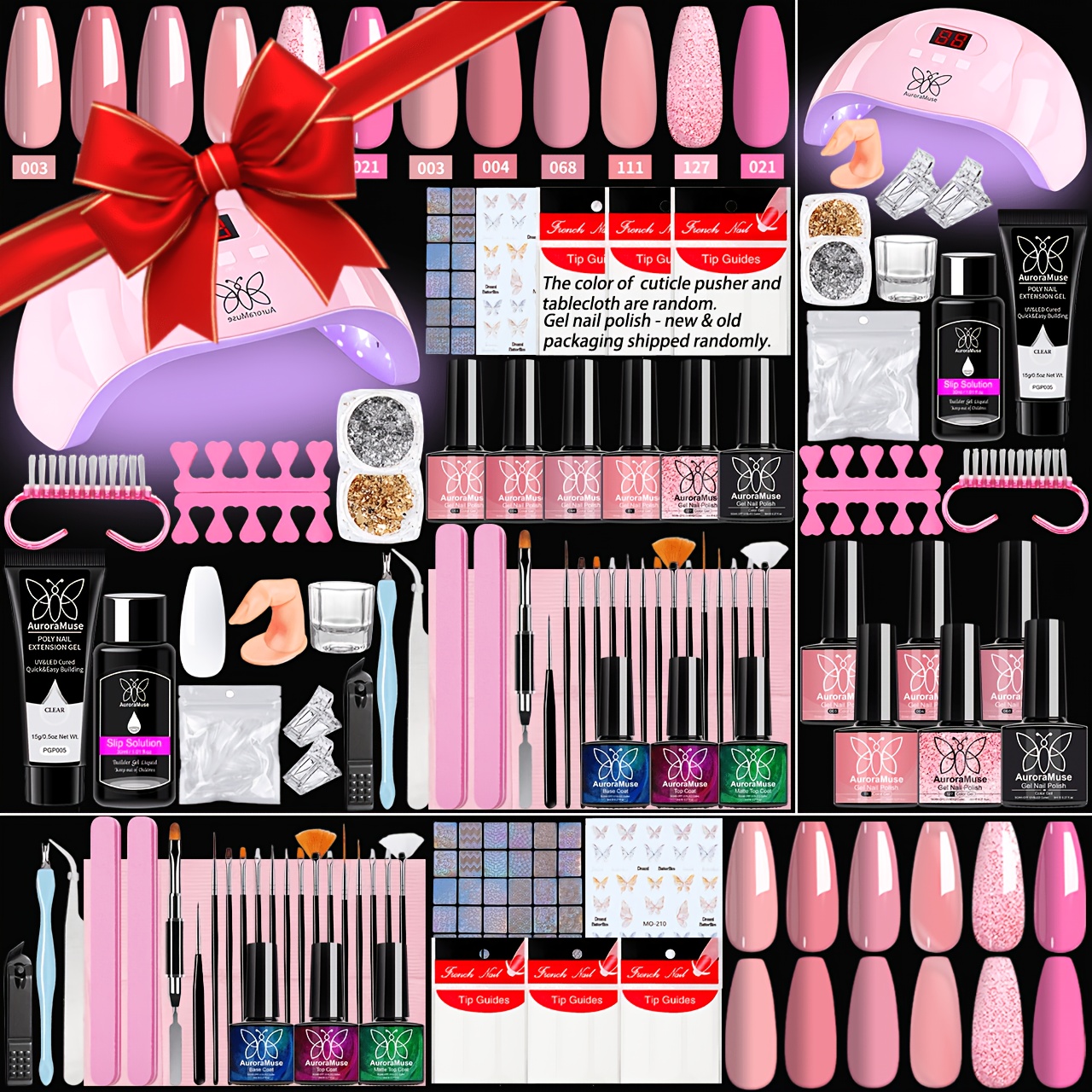 conjunto de 1  , kit completo de nail art para iniciantes com lâmpada de   led usb, gel de extensão de   para construção acrílica, as cores de algumas ferramentas são aleatórias, empurra-cutículas, lixas de  ,   para mulheres e iniciantes,   para feriados e uso diário