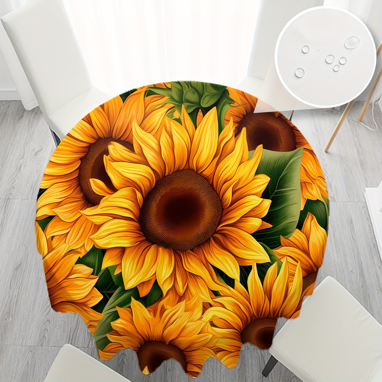 

1pc Autumn Sunflower Series Digital Print Round Tablecloth - 100% Polyester Stain And Waterproof Pleated Table Cover For Dining, Party, Bbq, Wedding, Home Kitchen And Patio Decor