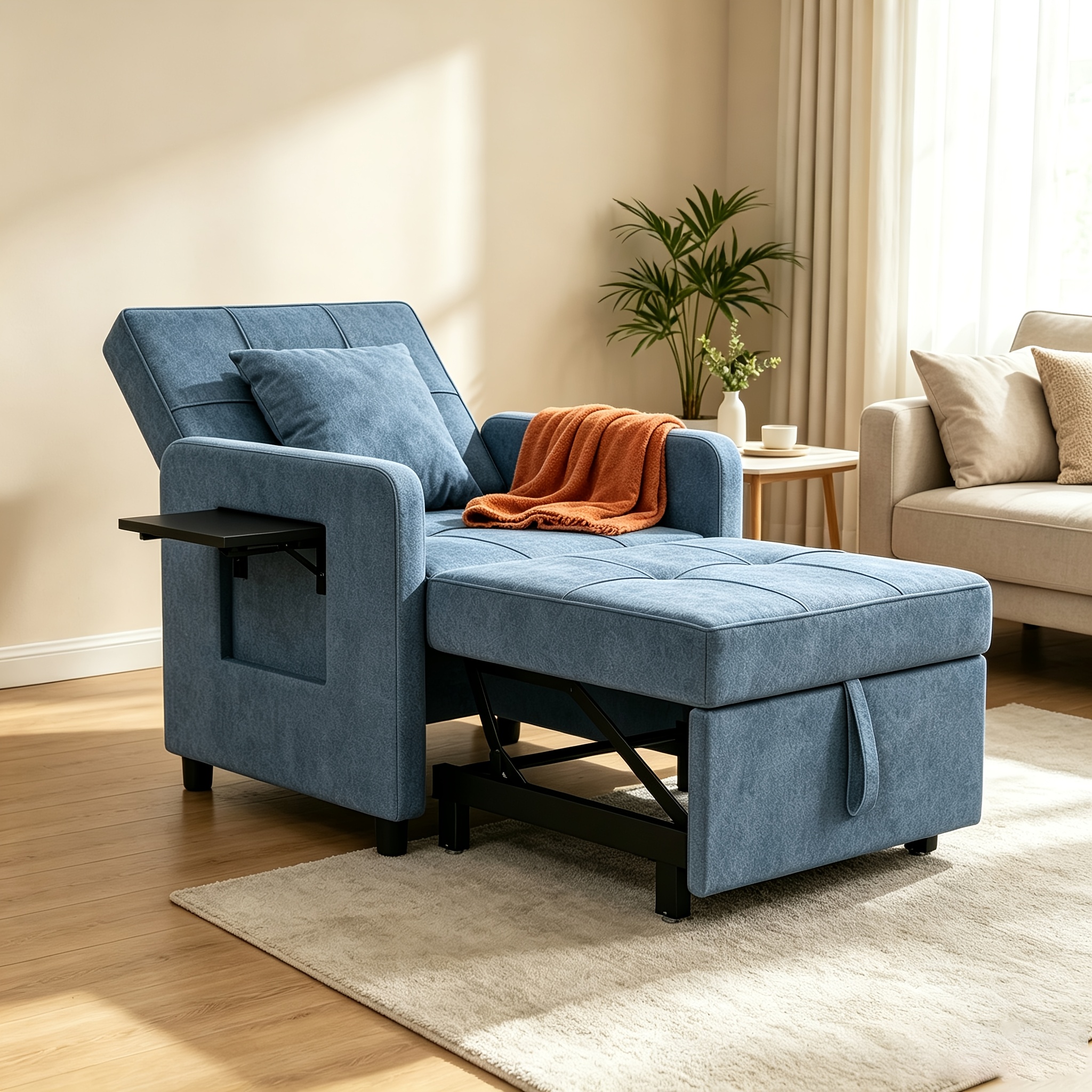 3-in-1 Sleeping Chair Sofa Bed, Convertible Chair With Bed Function, Sofa Bed With Cushion And Side Pocket, Armchair With Sleep Function For Small Apartment (blue, Light Gray)