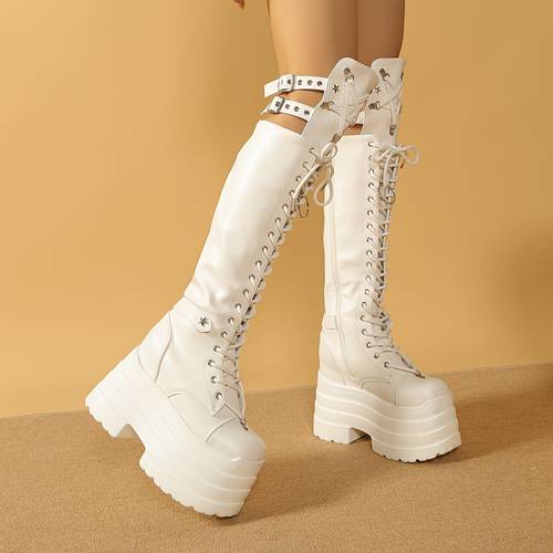 womens 14 5cm height boosting 4 5cm hidden wedge non slip lace up round toe knee high strap star decor super high platform boots goth punk y2k dark style for music festival cosplay party night out black white knee high booties women shoes