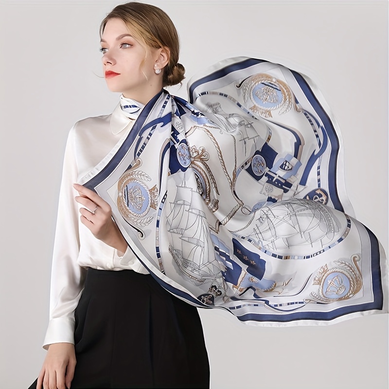 

35.46" Large Nautical Print Square Scarf Thin Breathable Silky Neck Scarf Glamorous Style Sunscreen Headscarf