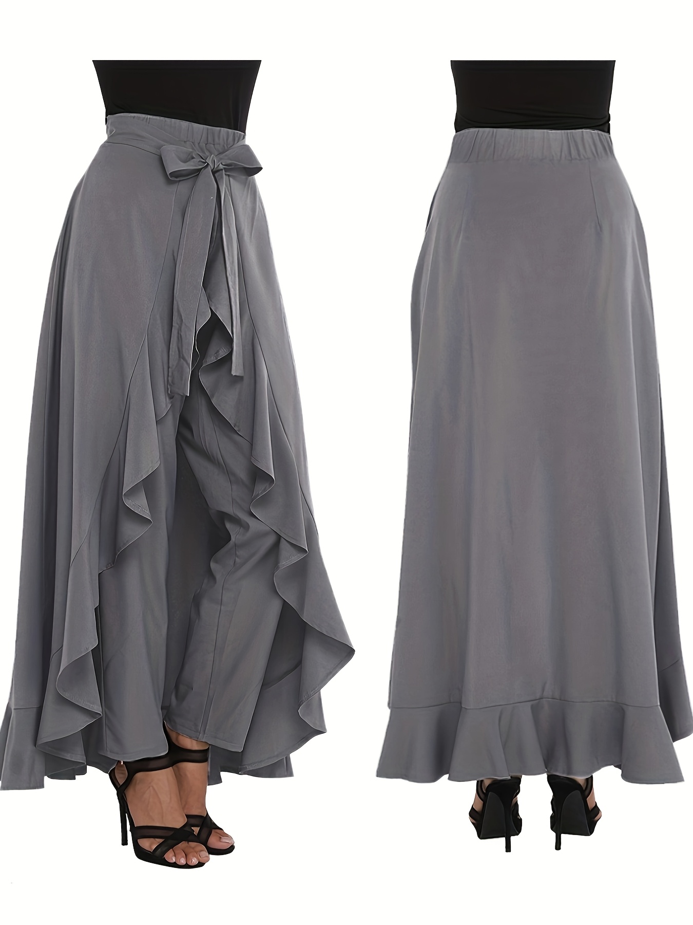 é frill skirt pants Women's Boho Pleated High Waist Ruffle Pants - Casual Long