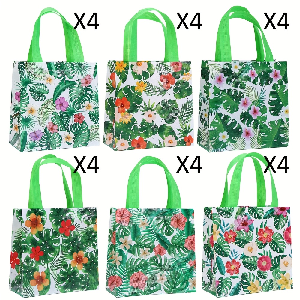 TEMU 24pcs, Hawaii Themed Gift Bag, 7.87in X 7.67in X 3.54in, Featuring Tropical Plant Turtle Back Leaves And Hibiscus Flower Prints, Party Hand-held