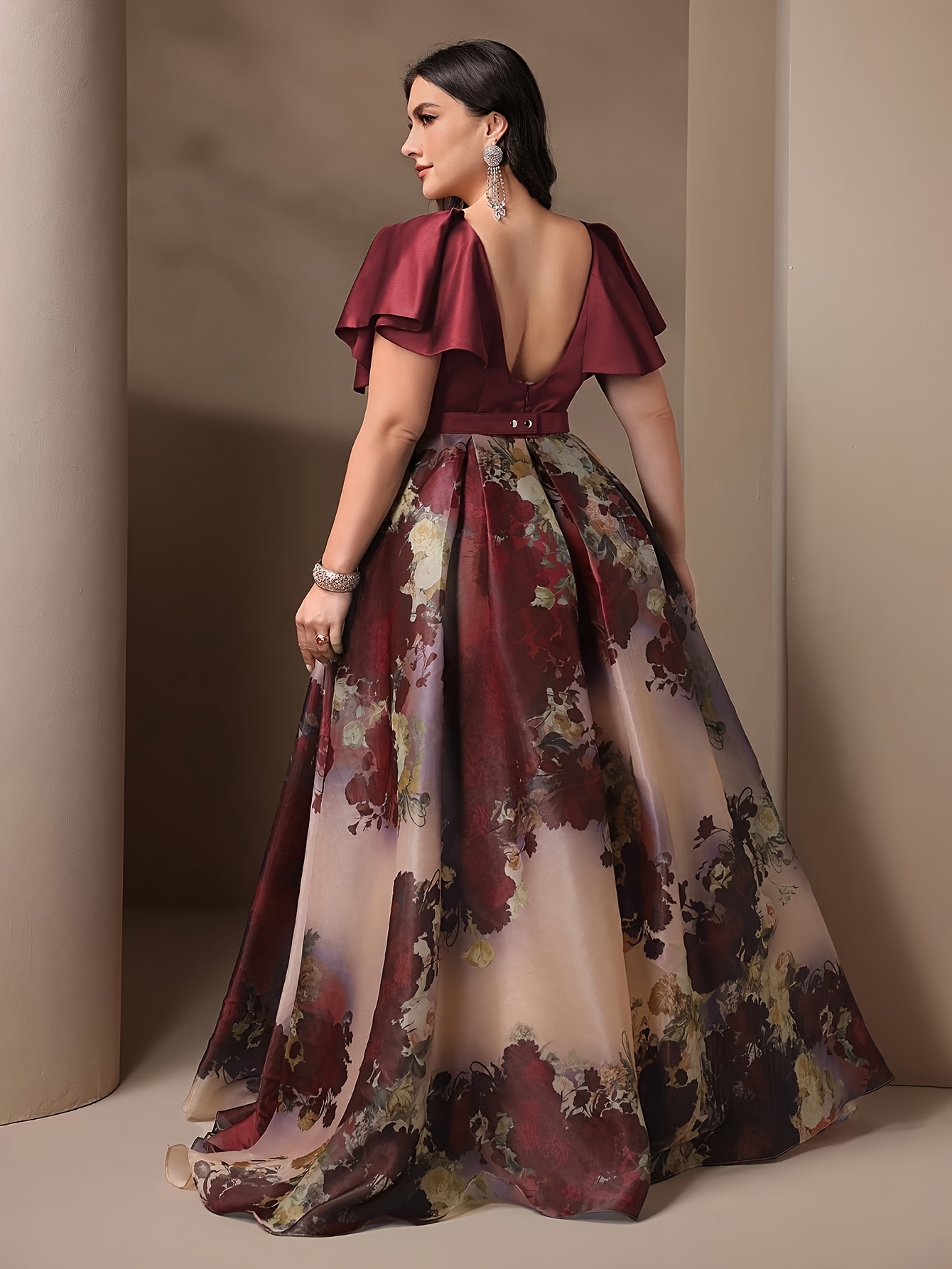 Plus Size - Plus Size - Plus Size Fairy Dress, V-Neck Puff Sleeve Chiffon  Printed Flounce Dress, Party Annual Meeting Statement Outfit Gown with  Rhinestones Adjustable Waist Belt Bridesmaid Dress