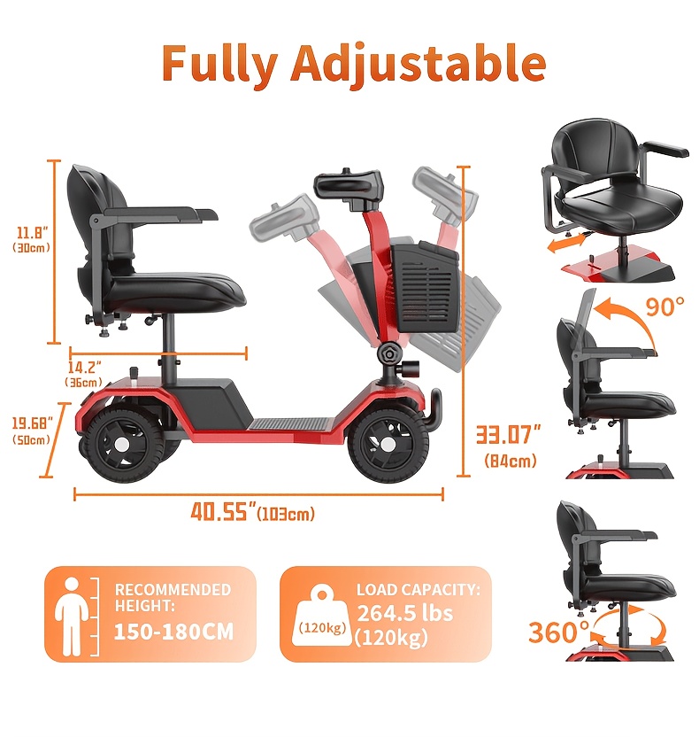 the four wheel electric scooter is foldable with a 250w motor 24v 12ah battery 15 5 mile range 8 inch solid tires 300 lb load capacity removable basket front headlight rear anti tilt wheels and easy     Product details 2