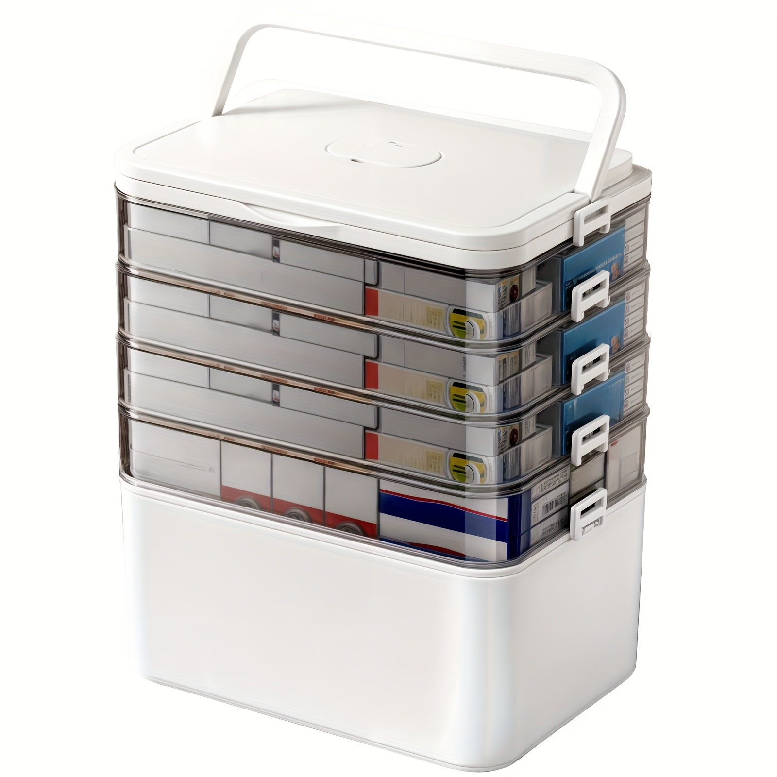 5 Tier Stackable Medicine Organizer, Large Capacity, Transparent Window, Durable , Safe Lid For Home, Dorm, Office And Travel Use, Medication Storage Solution