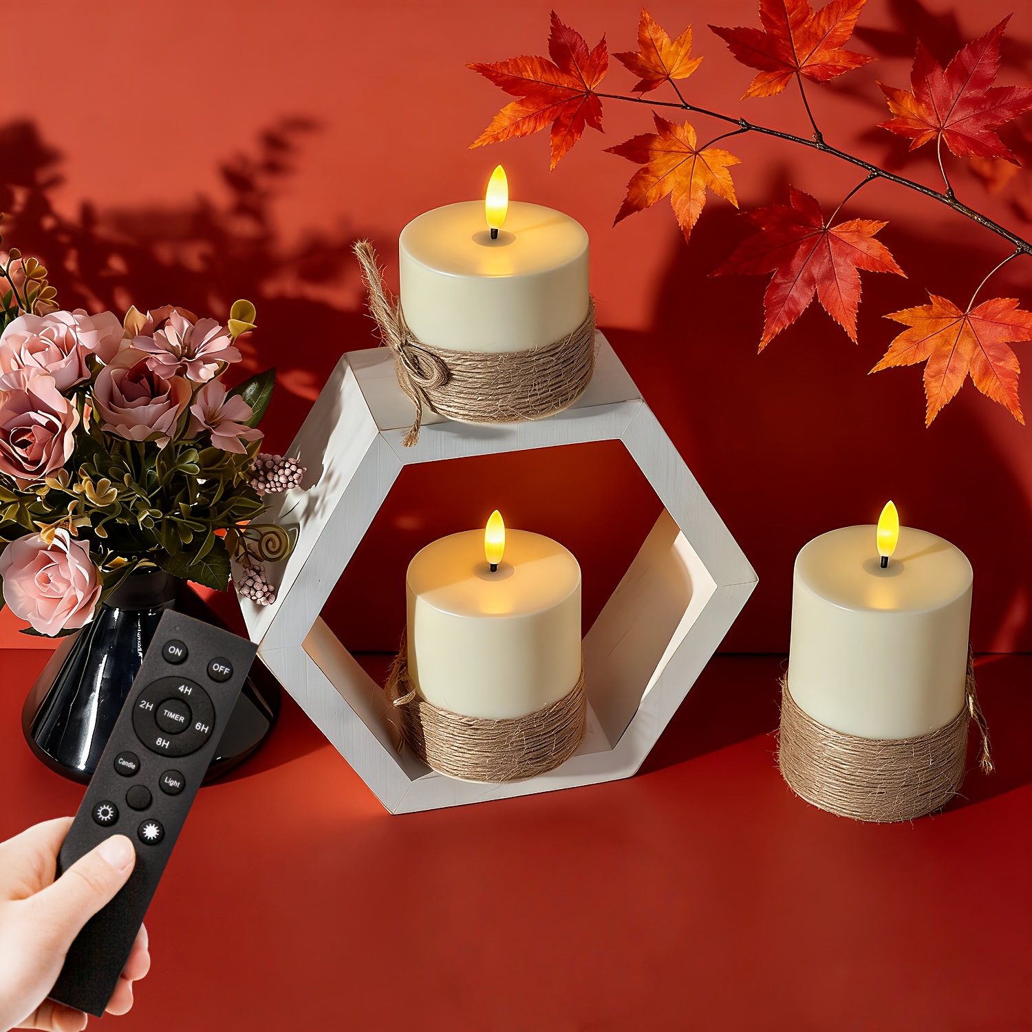 TEMU 3-pack Jute Wrapped Flameless Candles, Led Powered Remote Control Pillar Candles ( Not Included) With Remote And Timer - 3 Sizes 4/5