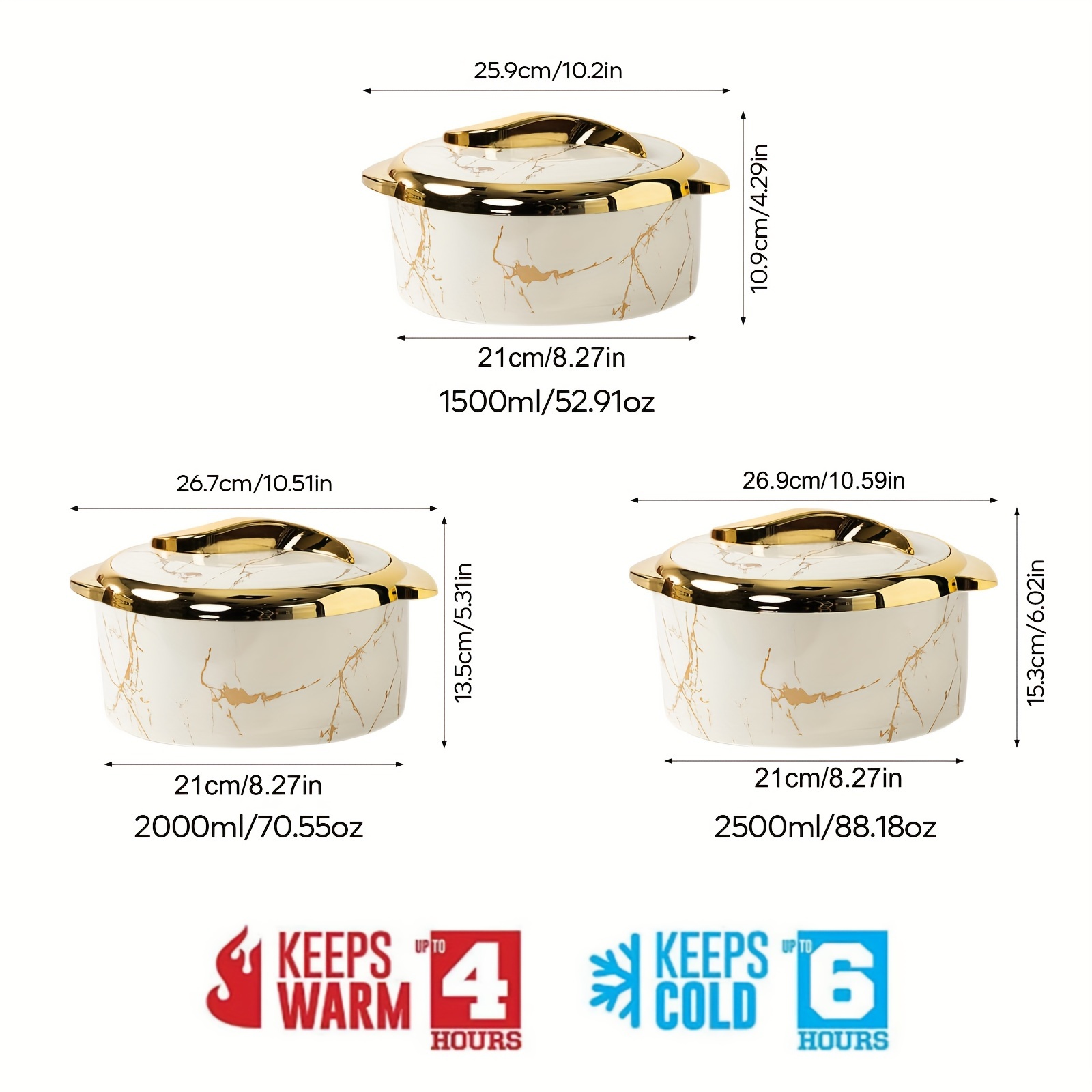 TEMU 3 Pcs, , Insulated Steel , Hot & , Bowls, Hot Or , Dish Set, And Pans, For Parties, Buffets, 1.5l+2l+2.5l