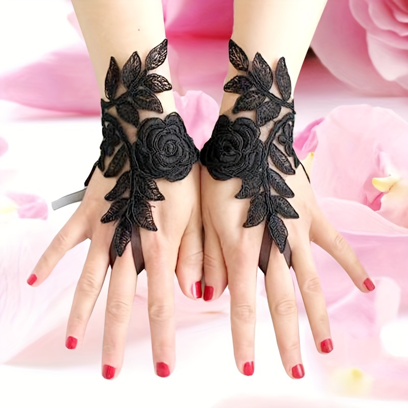 

White/black Flower Pattern Lace Gloves Personalized Creative Hook Finger Gloves Wedding Bridal Decorative Gloves