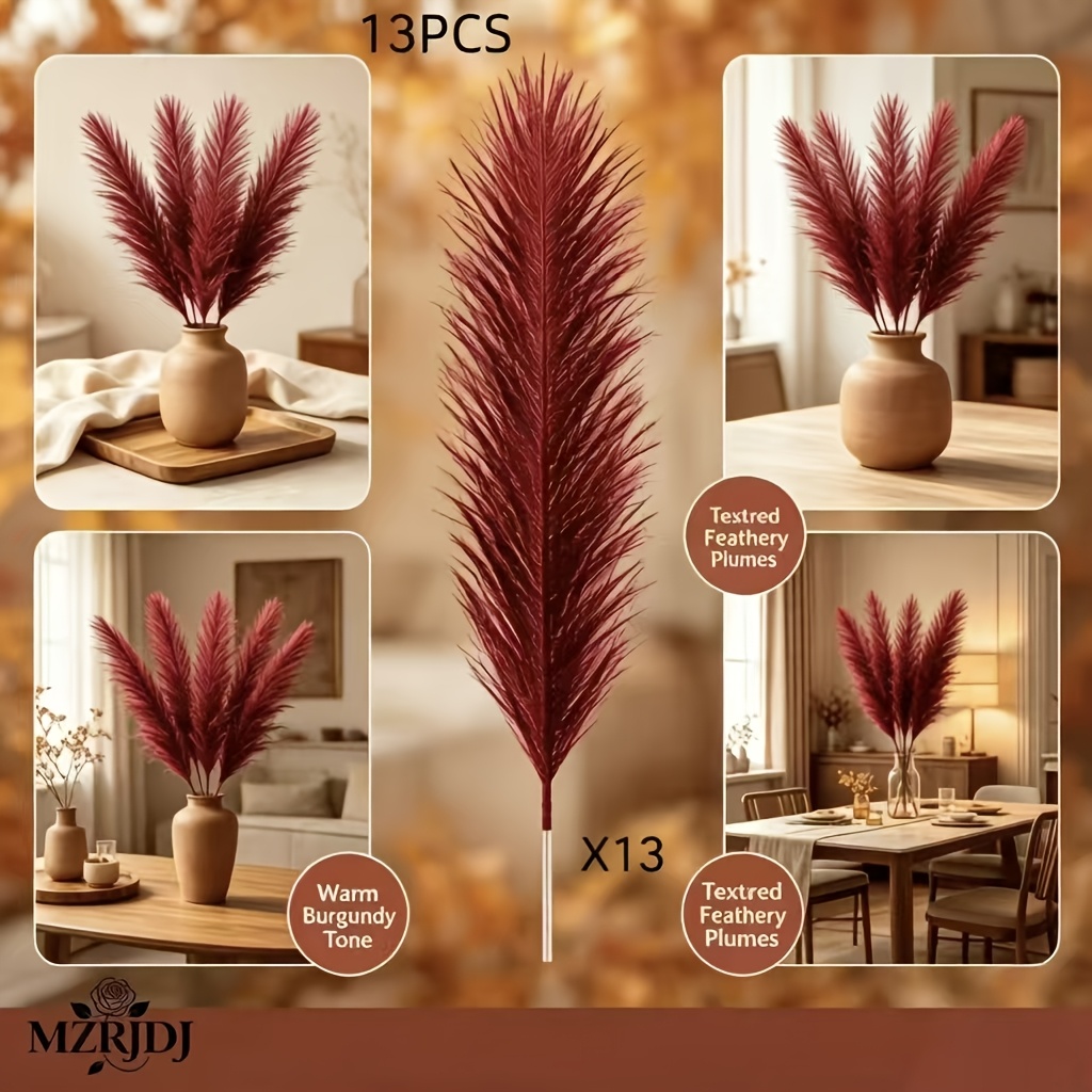 TEMU 13pcs Deep Burgundy Feather-like Reed Flowers, Elegant Artificial Pampas Grass Stems, Suitable For Exquisite Vase Arrangements, , Thanksgiving,