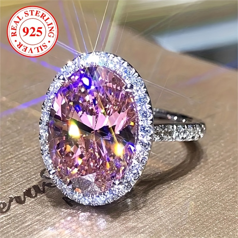 

925 Sterling Silver Elegant Promise Ring, Egg-shaped Pinkish Zirconia Luxurious Bridal Jewelry, Dainty Evening Party Accessory, Available In Multiple Sizes