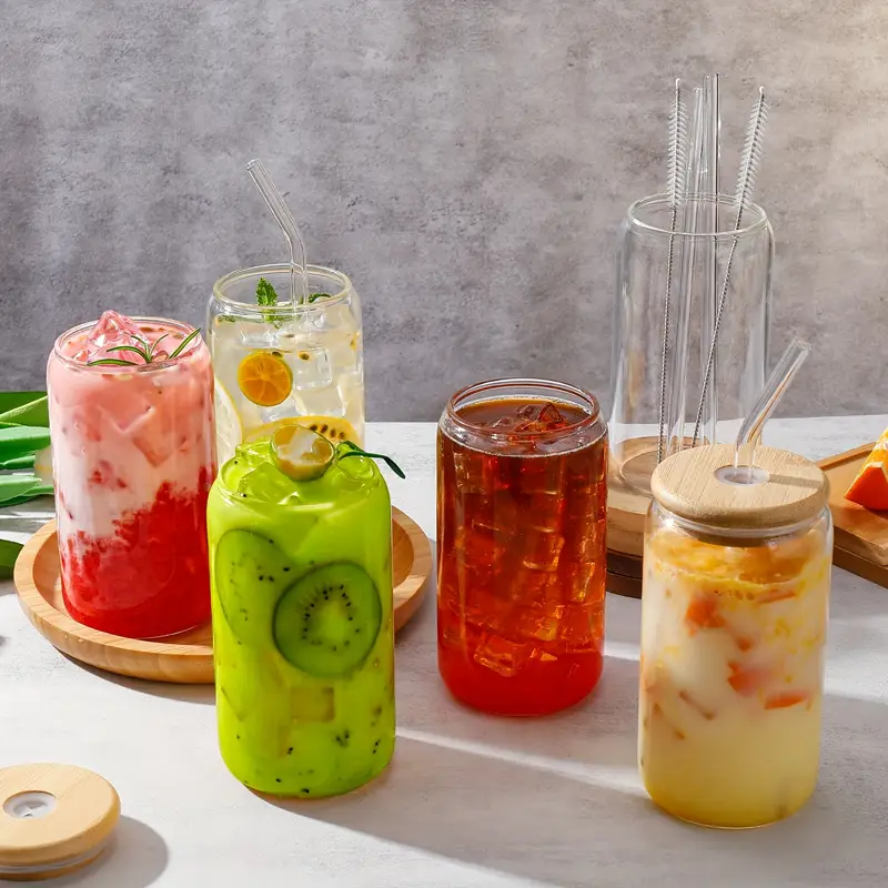 16pcs glass cup with bamboo lid and glass straw wife gives to mother cylindrical drinking cup 16 oz iced coffee cup smoothie boba tea water 2 cleaning brushes Product details 0