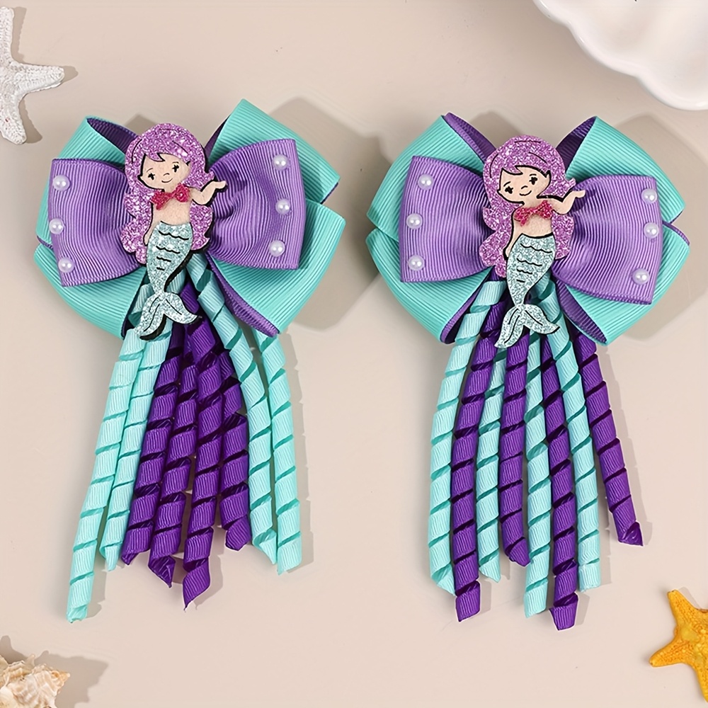 Image of 2pcs Mermaid Design Bow Hair Clips Colorful Tassels Grosgrain Ribbon Barrettes Glitter Hair Additions For Gifts Mermaid Party Decorations Hairpiece Shimmering Texture