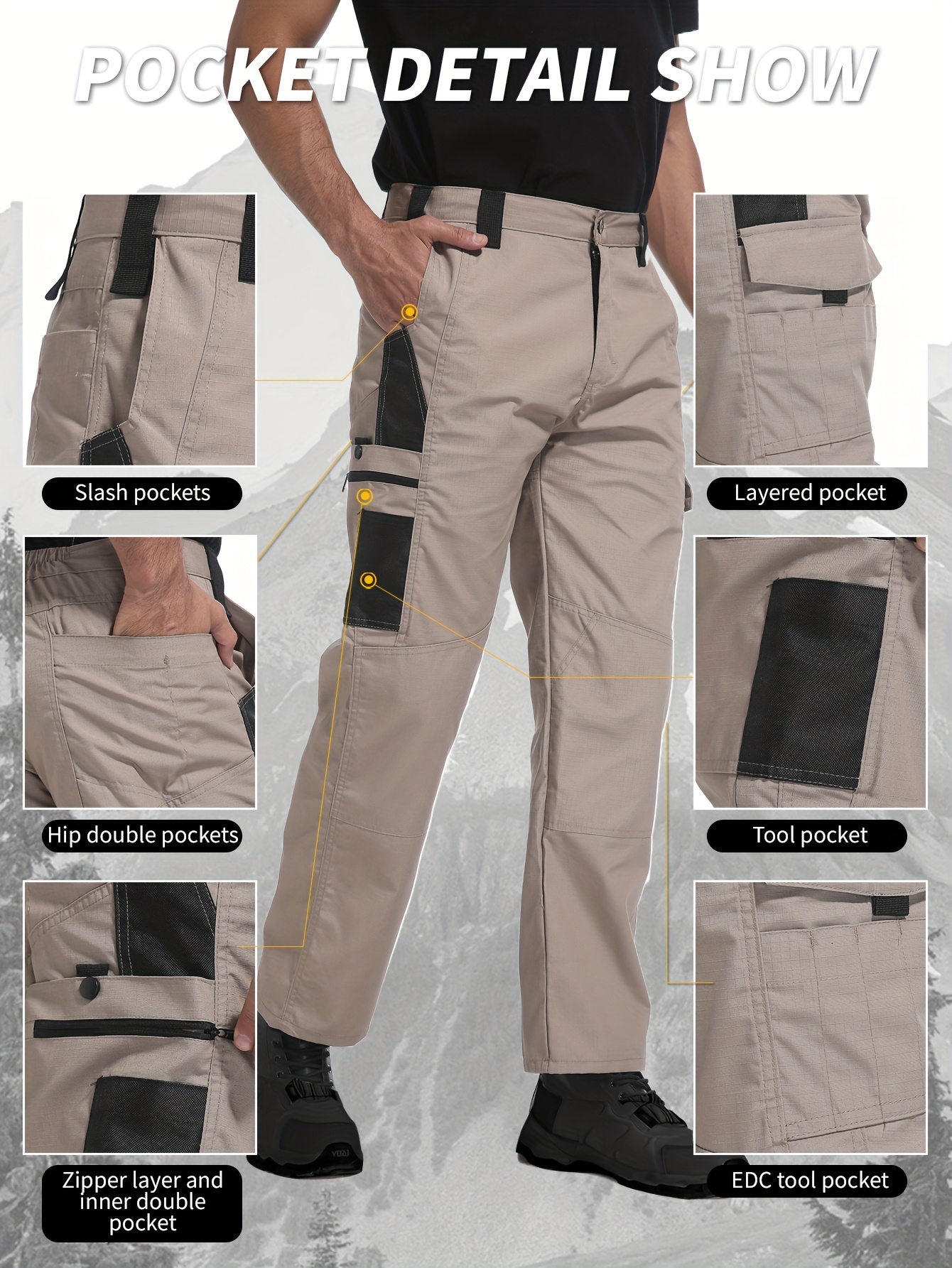 Pantalones De Trabajo De Longitud Completa Para Hombre, De Moda Solidos Con Multiples Bolsillos Multifuncionales Para Hombre