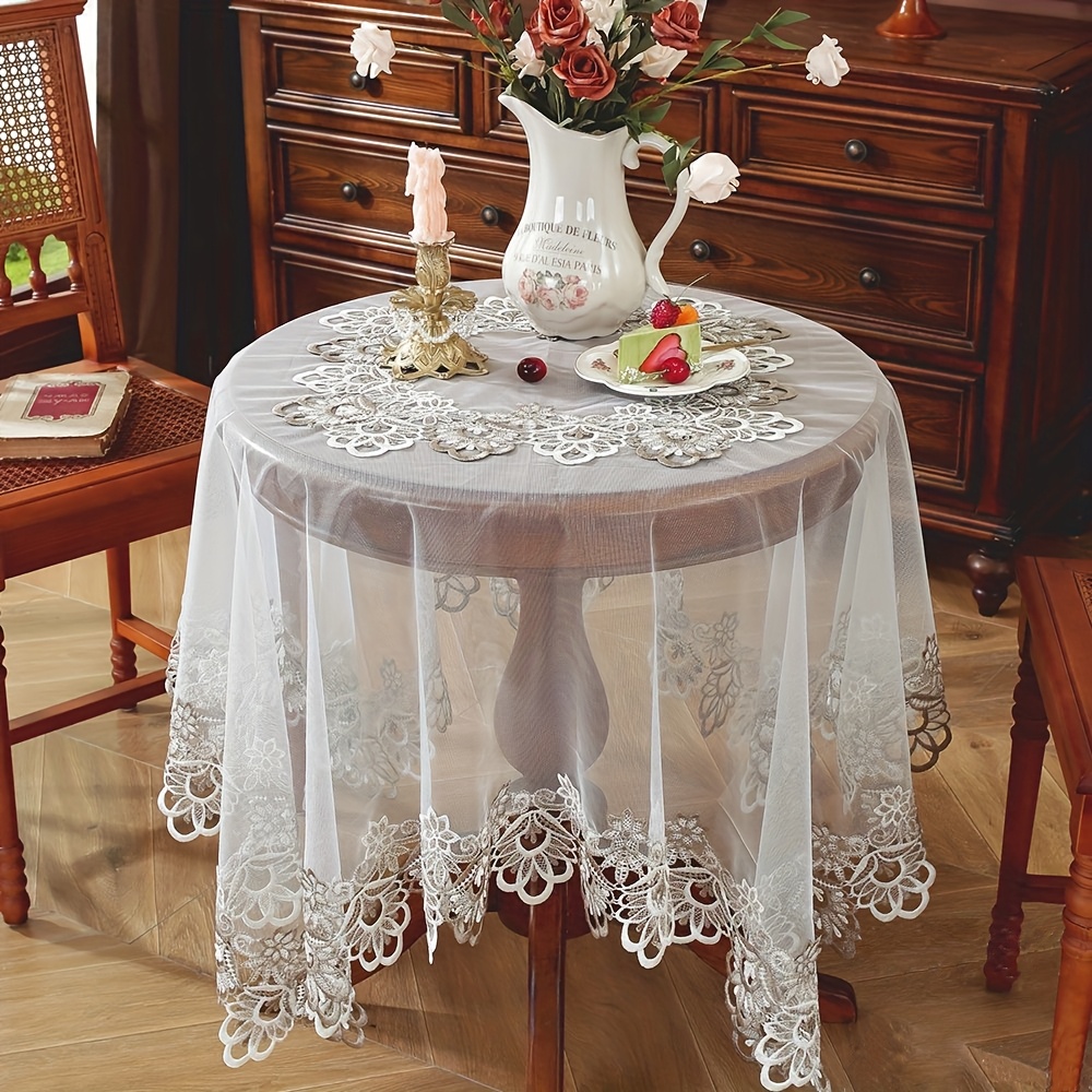 elegant white lace tablecloth with floral embroidery polyester square handcrafted design for indoor outdoor decor   kitchen dining and party settings party table setting floral embroidery intricate lace detail table decorations