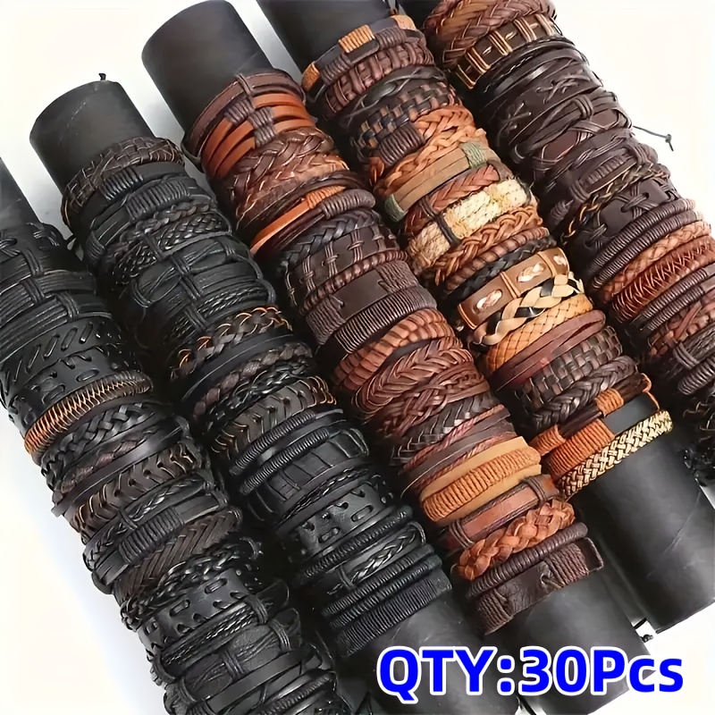Image of 30pcs Retro Multicolor Pu Leather Cuff Bracelets Pack - Compatible For &, Multicolor Mix (,,,,,,) - Party Favors, Promotional Events, Casual Attire - & Comfortable Pu