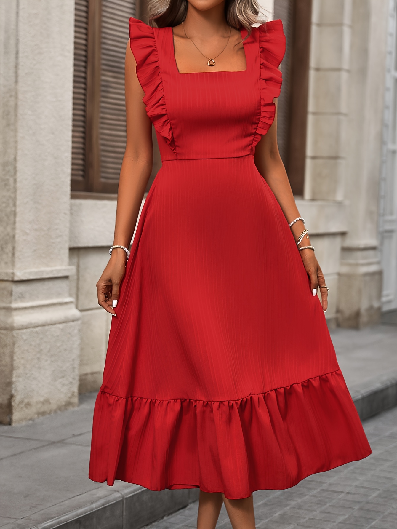 ruffle hem square neck solid dress elegant flutter sleeve - Temu Slovakia