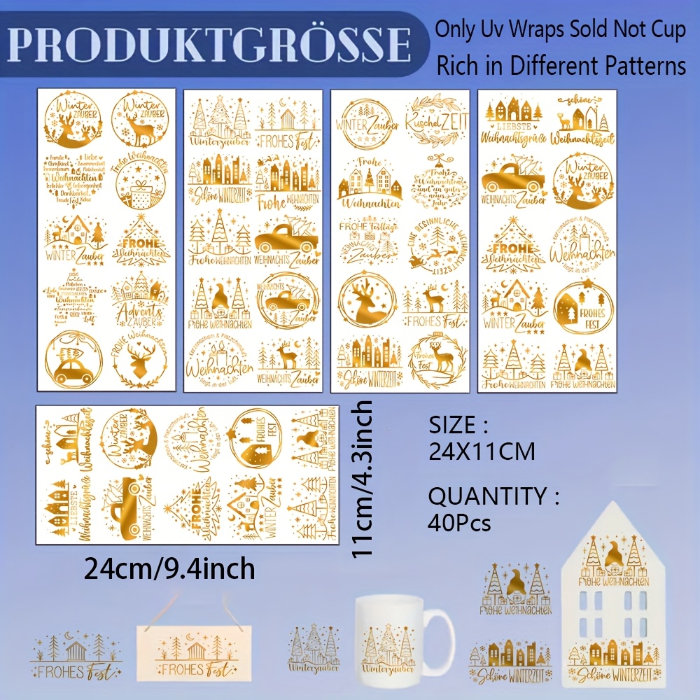 German New Year & Merry Christmas Golden Quote Transfer Stickers 40pcs, Christmas Transfer Decoration For Glass, Mugs, Crafts - Uv Dtf Transfer Decals For Packaging And Cup Decoration