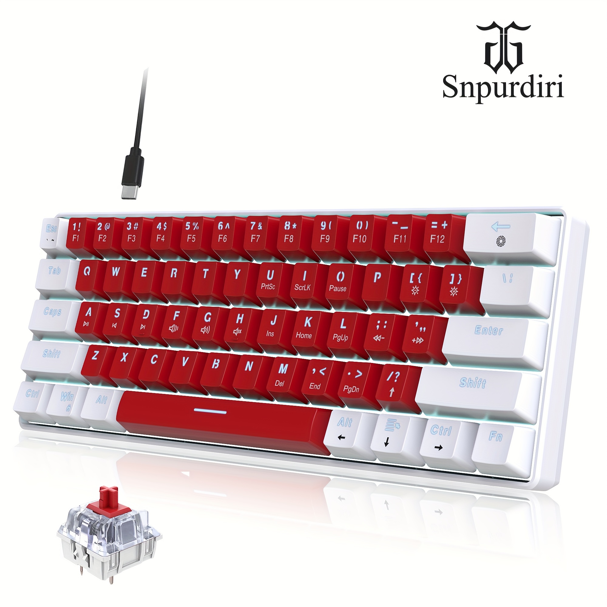 

Snpurdiri 61-key Mechanical Wired 60% Mechanical Gaming Keyboard, Red Axis Keys, Portable Mini Keyboard, Suitable For Windows Laptops - White And Red
