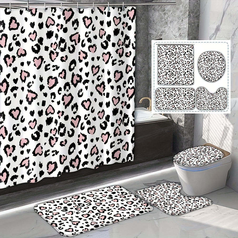 

1/4pcs Leopard Print Shower Curtain, Polyester Waterproof Curtain With 12 Hooks, Minimalist Pattern Printed Bathroom Decoration, Bathroom Carpet, U-shaped Mat, Toilet Lid Pad, Bathroom Accessories