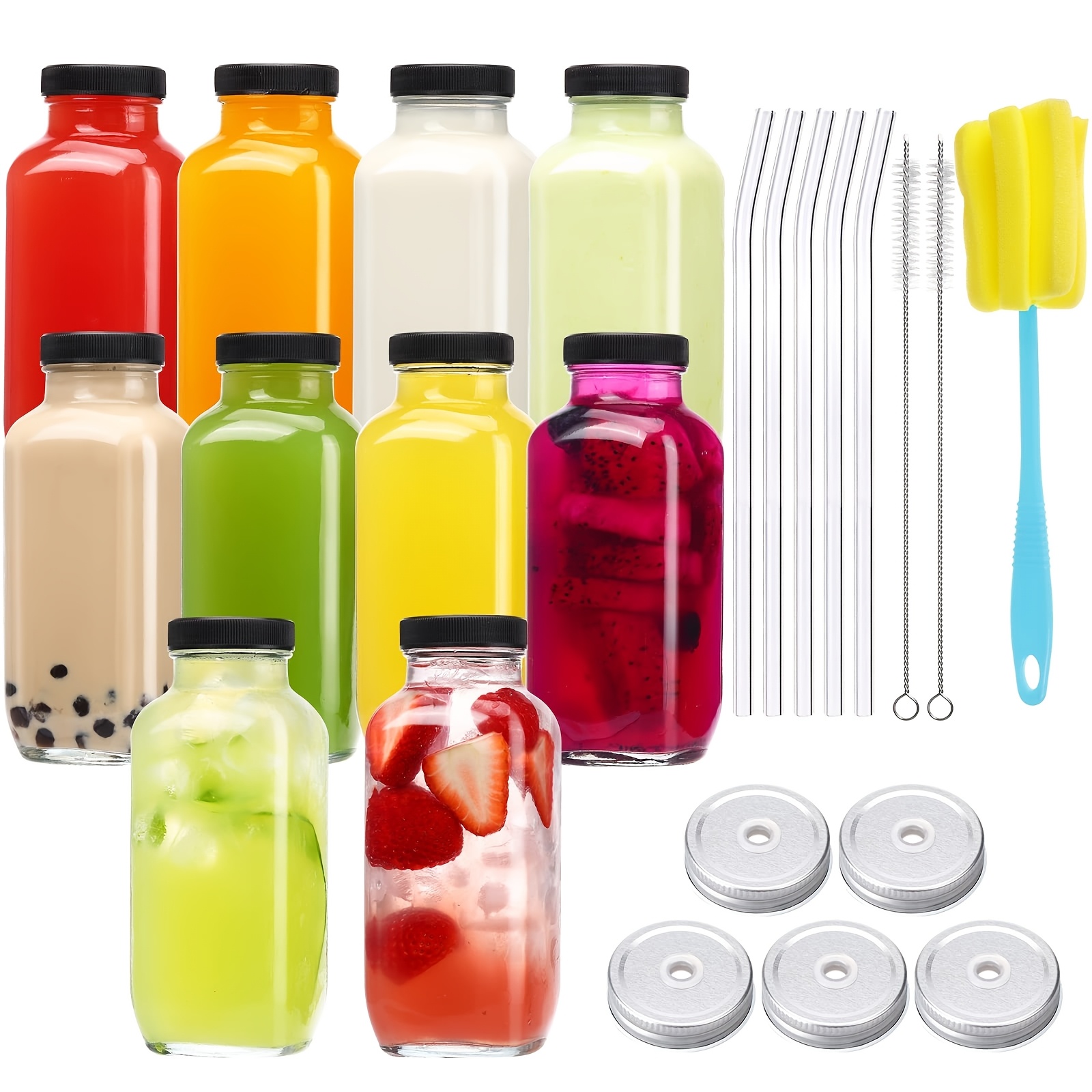 TEMU Tomnk Of 10 -ounce Glass Bottles For Juice, Featuring Lids, Reusable Containers For Beverages, Drinking Jars, Water Cups Accompanied By A Brush, Glass Straws, And Lids With