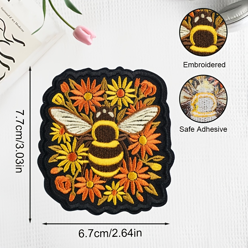 TEMU 1pc Of Bee Embroidered Patch In Flower Bushes, Natural Bee Collecting Honey Pattern, Ironed On/sewn On, Suitable For Hats, Bags, Backpacks,