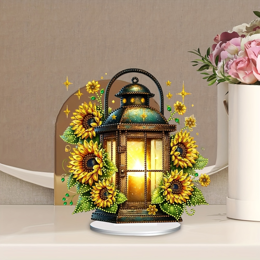 

Diy Diamond Painting Kit, Acrylic Lantern With Sunflowers Design, Irregular Shaped Diamonds, Multi- Wall Art For Home, Office, Decor