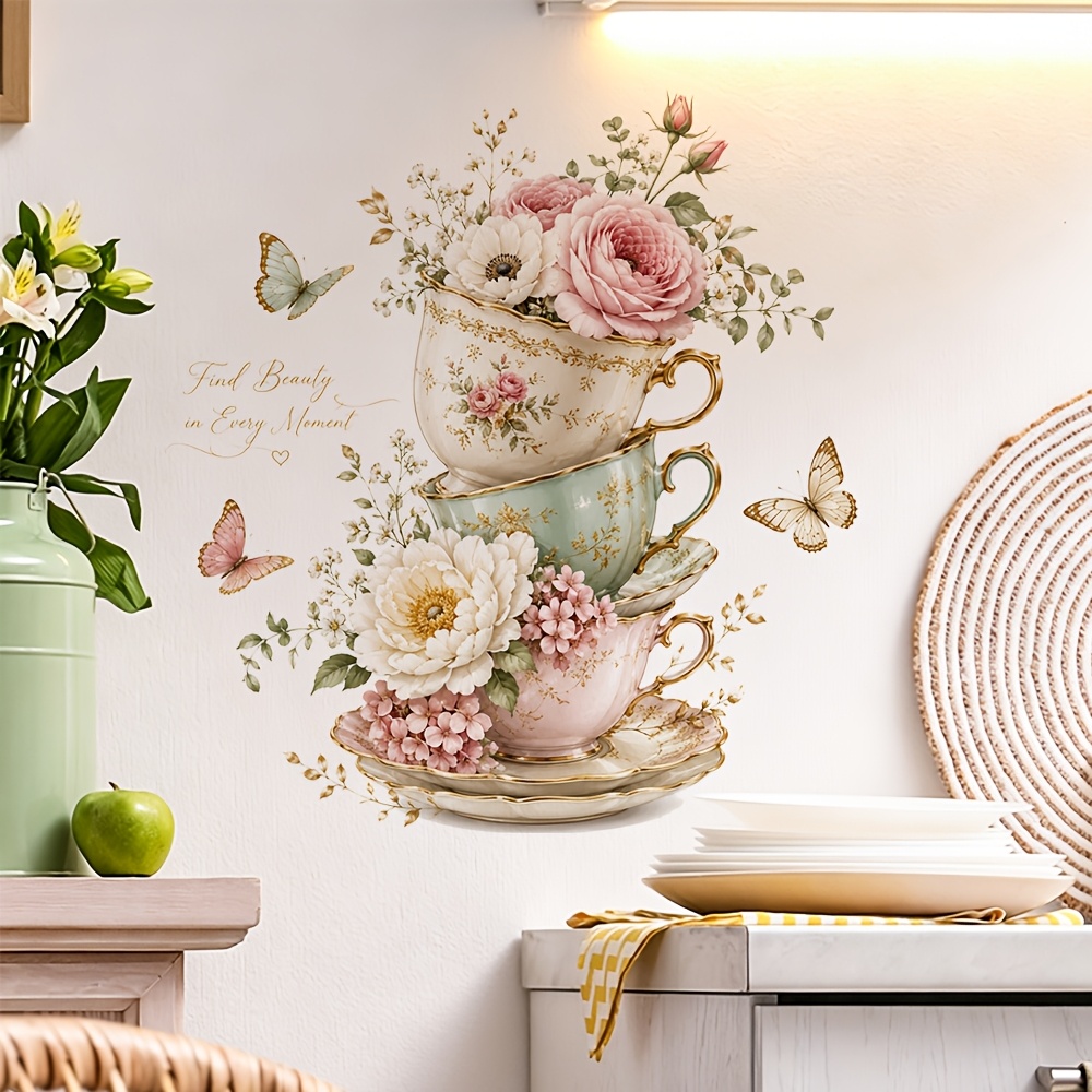 TEMU Rustic Style Porcelain Mug With Flowers And Butterflies Wall Sticker, Peony, Hydrangea, And Rose Combination Self-adhesive Decal For Home Coffee