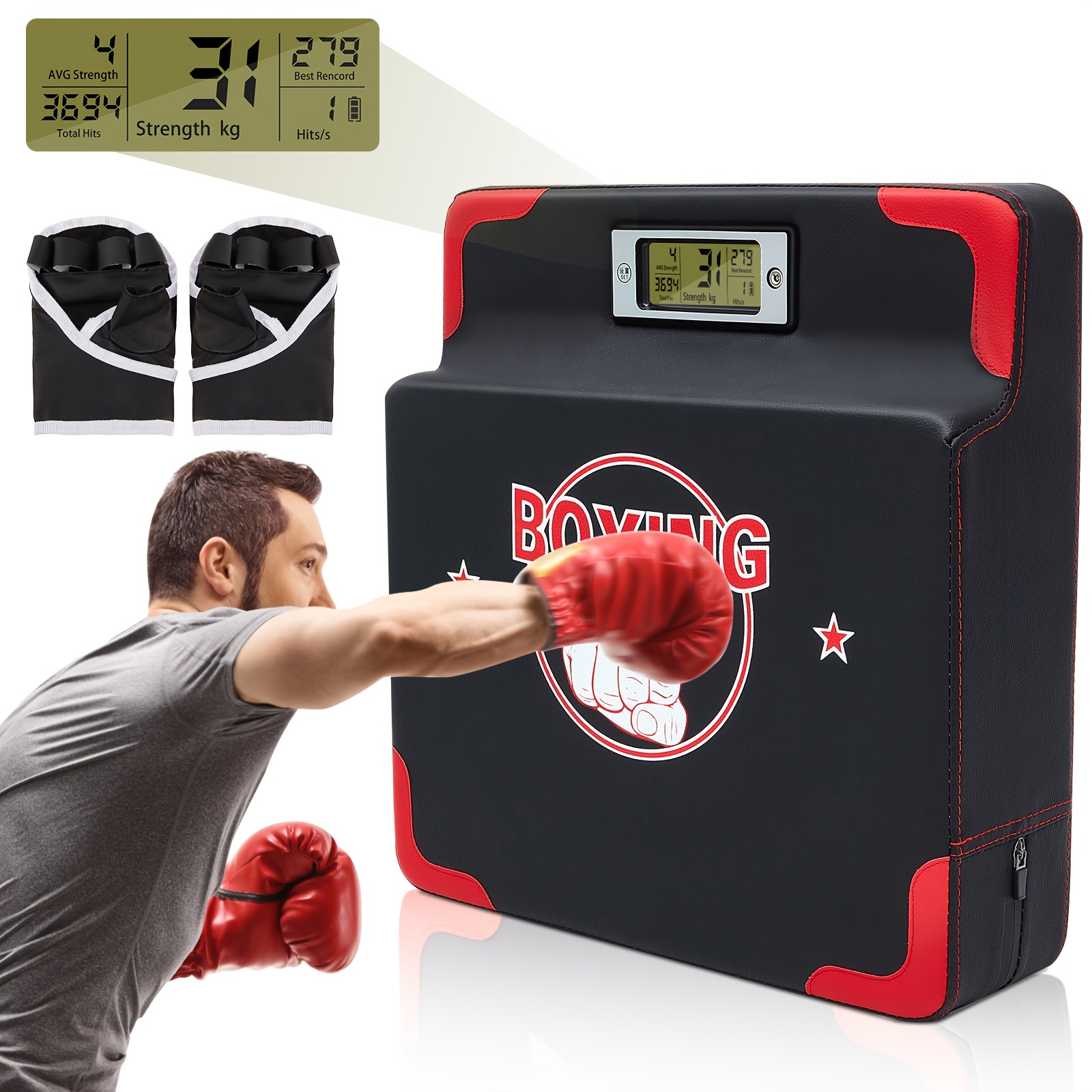 Adjustable Height Wall-Mounted Boxing Punch Pad Machine with  Battery-Powered Strength Tester for Adults, Red