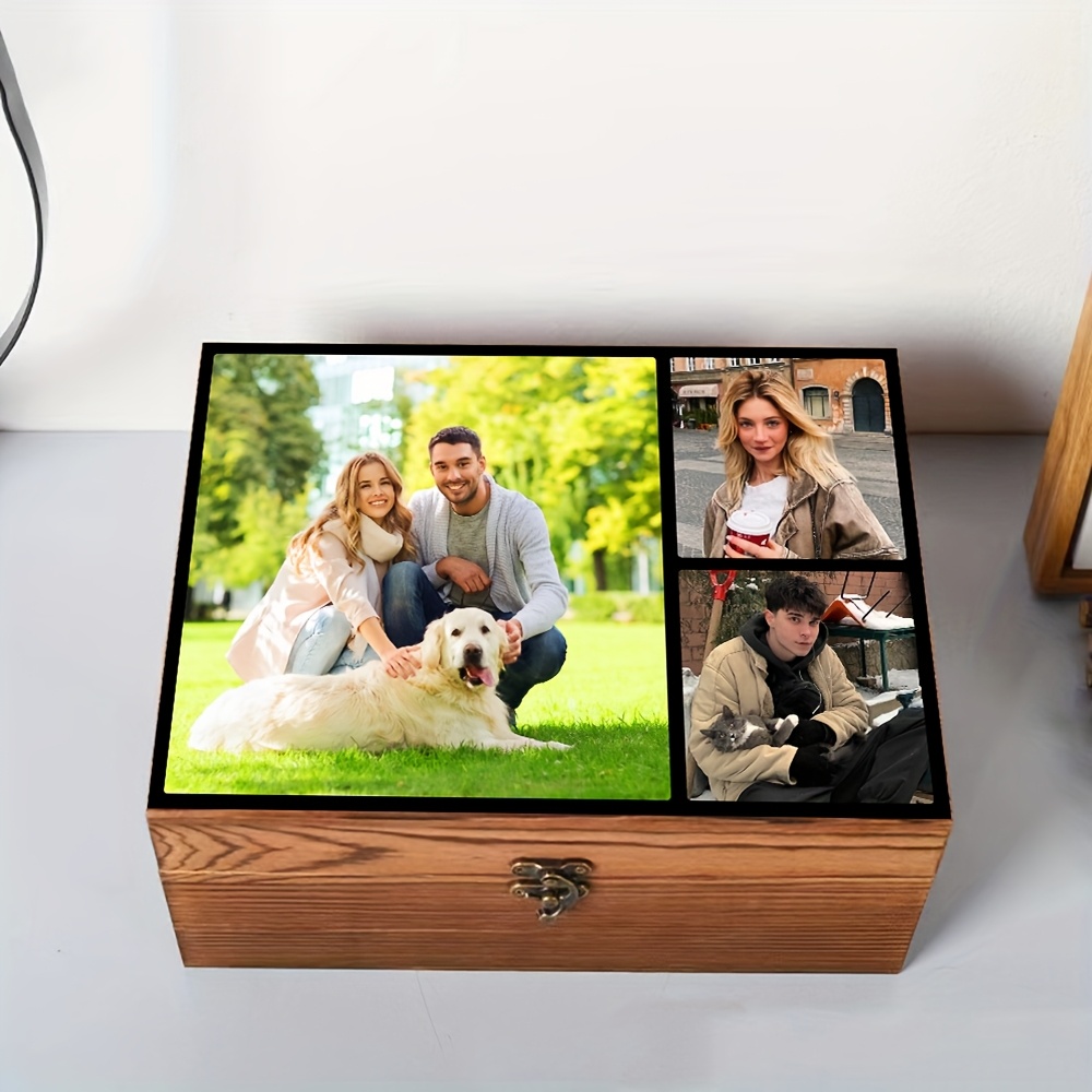E-shop Personalisierte Schmuckbox aus Holz, Platz für 3 Fotos, kreative Aufbewahrungsbox mit hölzerner Verriegelung – Erinnerungen bewahren Zeit .