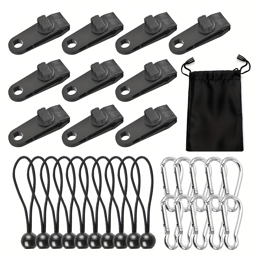 

30pcs Tarp Clips With Carabiner & Ball Bungee Cords - Shark Tent Fasteners Tarp Clamps, Heavy Duty Lock Grip - Pool Awning Cover Bungee Cord Clip, Car Cover Clamp