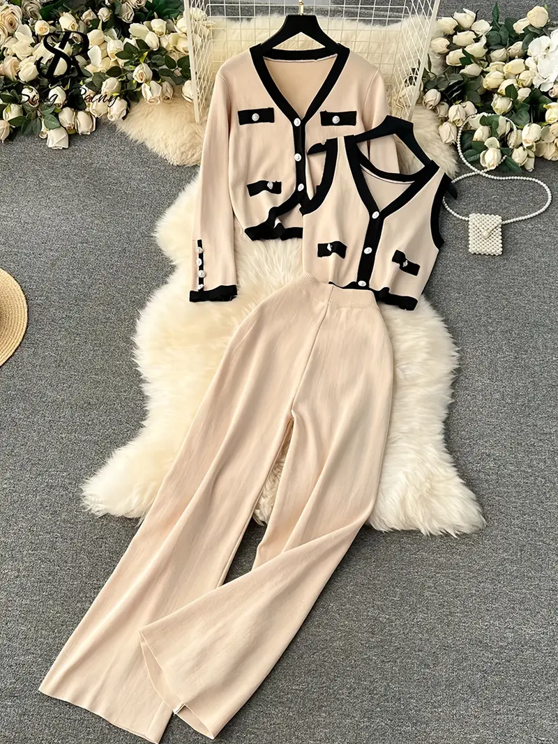 Elegant Buttons V Neck Long Sleeve Two Pieces Elegant Buttons V Neck Long Sleeve Two Pieces