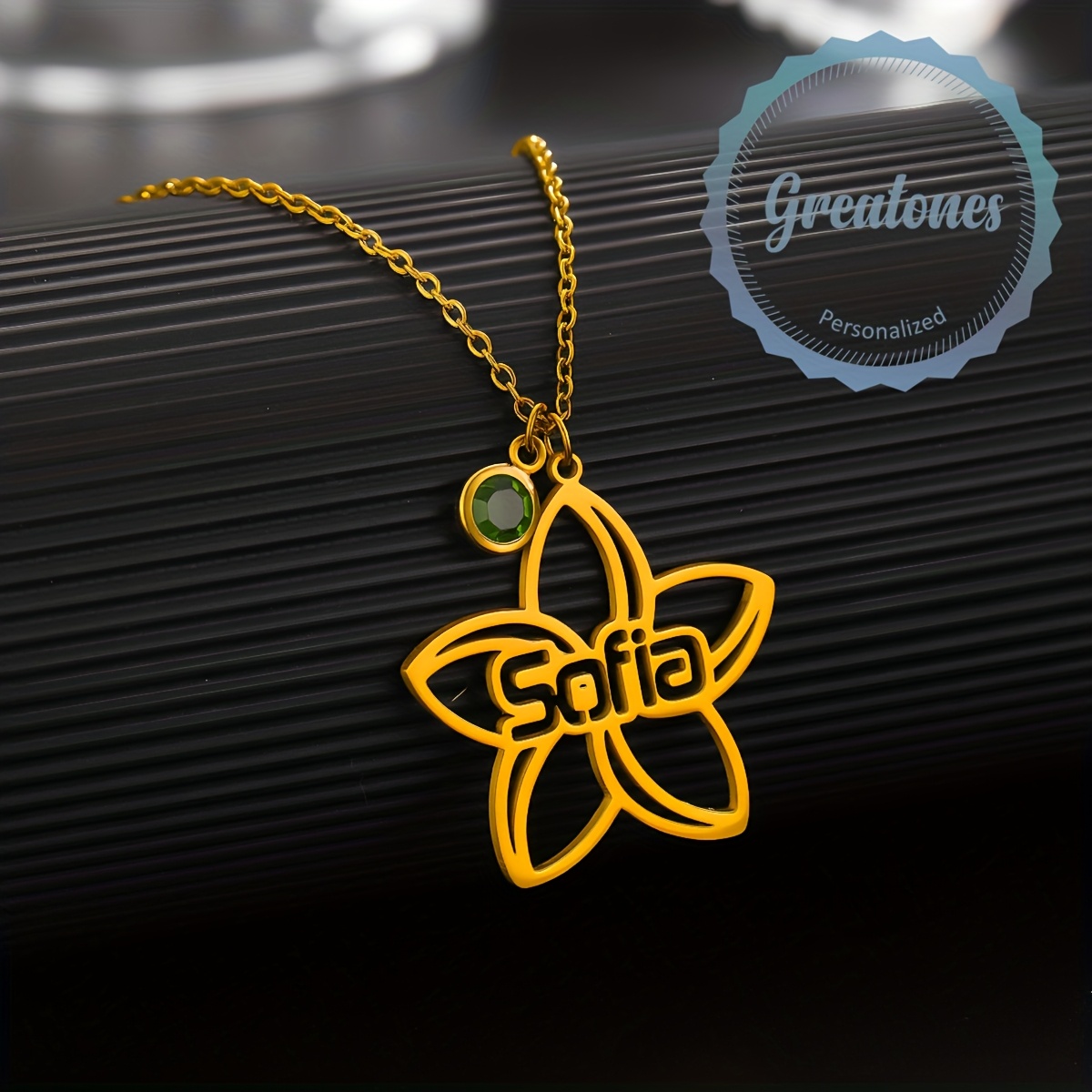 Custom Name Openwork Flower Pendant Necklace, Stainless Steel
