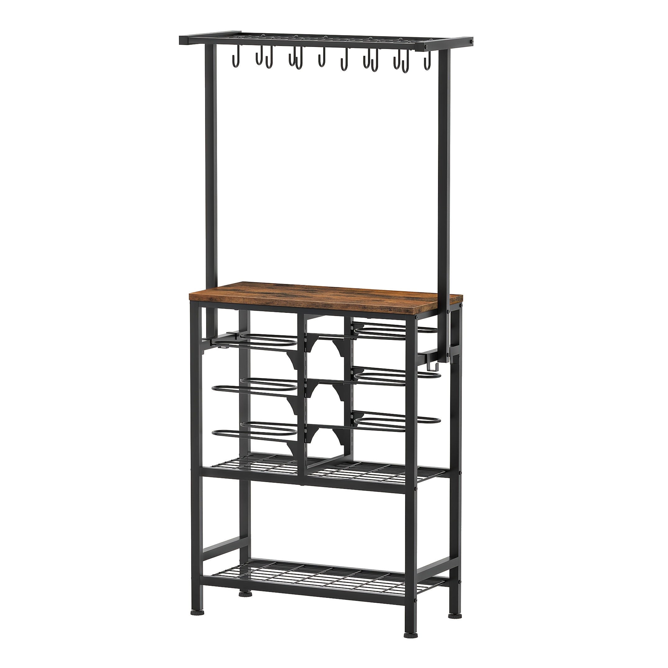 61" Standing Pot Rack, Kitchen Storage Shelf With 10 Hooks, Baking Rack With Storage Space, Can Store Items, Flower Pots, Books, Pots, Bowls, Rustic Brown, Utility Racks