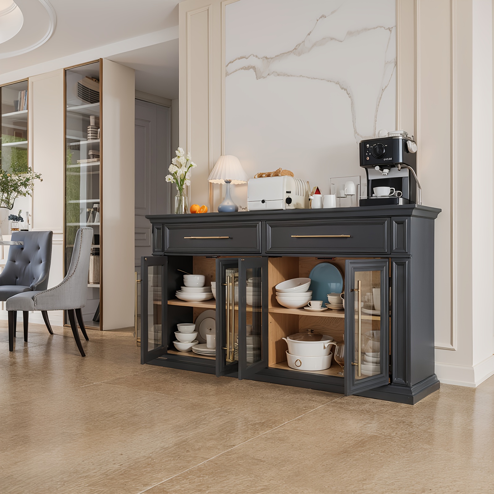 63 Mid-Century Modern Sideboard Cabinet - 2 Smooth-Opening Drawers & 4 Stylish Doors for Spacious Kitchen Storage, Perfect Coffee Bar Accent with Timeless Design