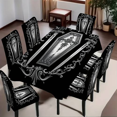 4 5 6 7pcs gothic coffin pattern chair cover and tablecloth set for everyday use tea tables parties and holiday decorations with effortless care