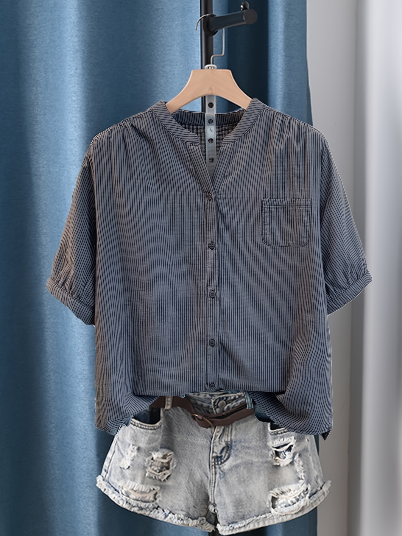 gauze retro pinstripe short sleeve shirt jacket women double