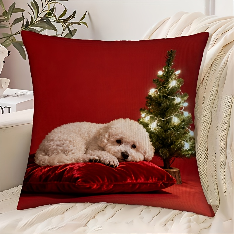 TEMU A Cute Bichon Frise Christmas Plush Pillow Cover - 18x18 Inches Adorable Bichon Dog Pillow Cover, Zip Closure, Machine Washable, Perfect For Pet