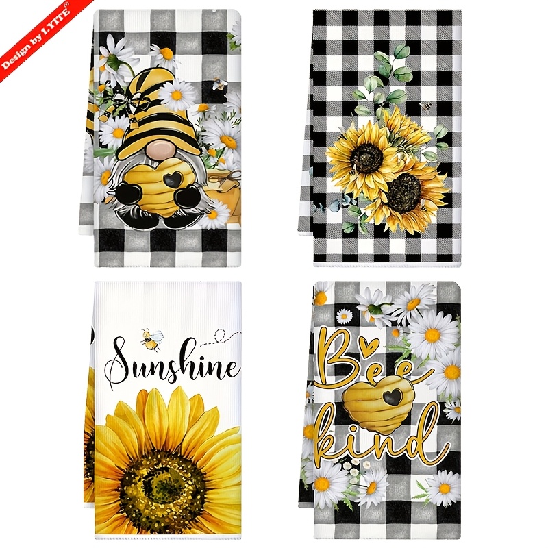 TEMU 4pcs/set Funny Kitchen Towels - Cute Cartoon Bee & Gnome Printed, Bright Colors, 16x24 Inch Microfiber Soft & Super Absorbent Rustic , Home