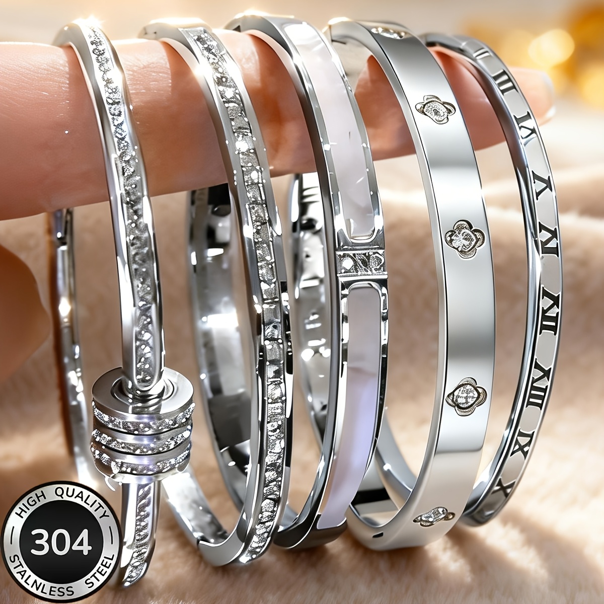TEMU A Set Of 5 Women's Silvery Bangles, Made Of 304 Stainless Steel, Stackable Cuff Bracelets, Hypoallergenic, Waterproof, Featuring Cubic Zirconia