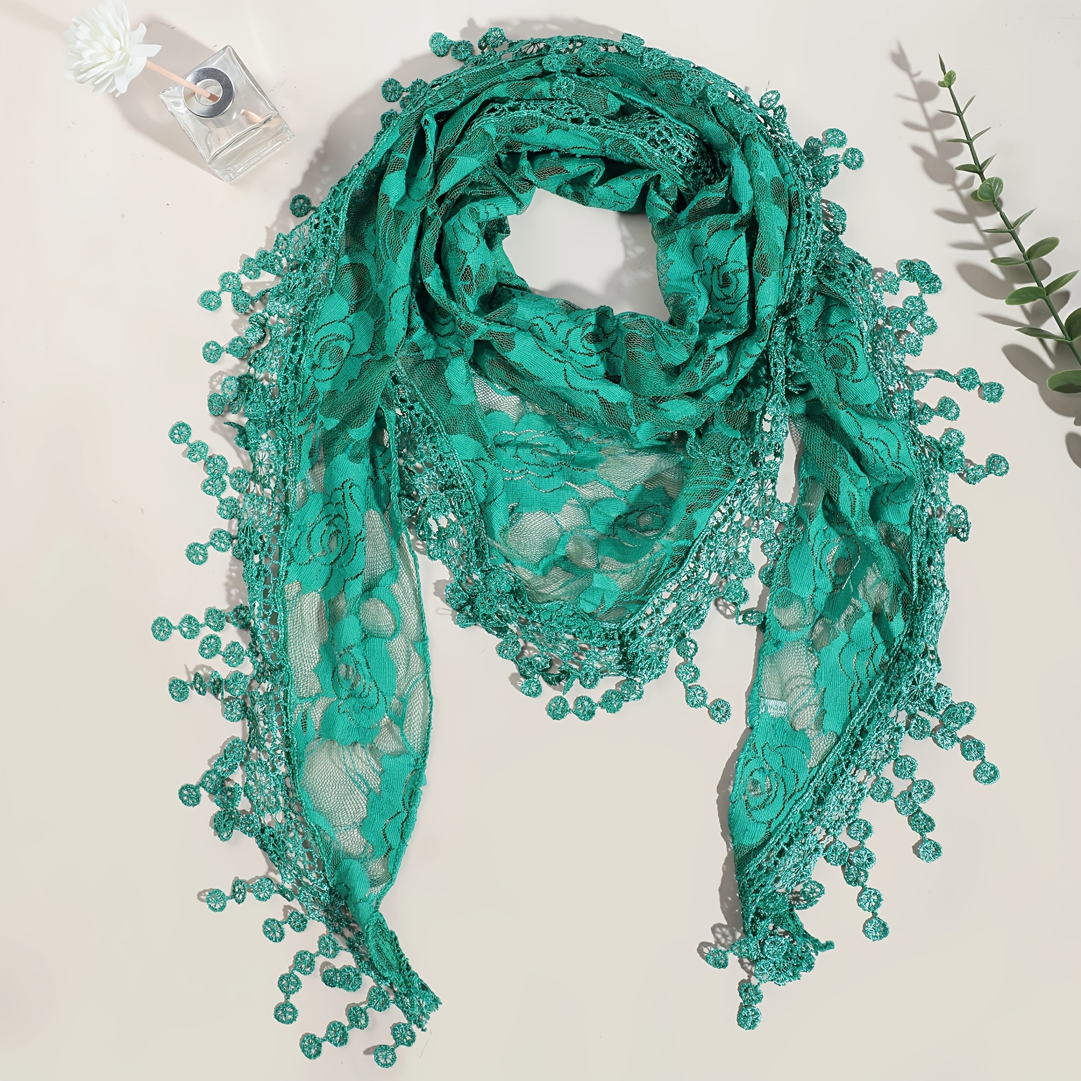 Women's Floral Lace Triangle Scarf - Sheer Tassel Shawl & Elegant Head Wrap Accessory